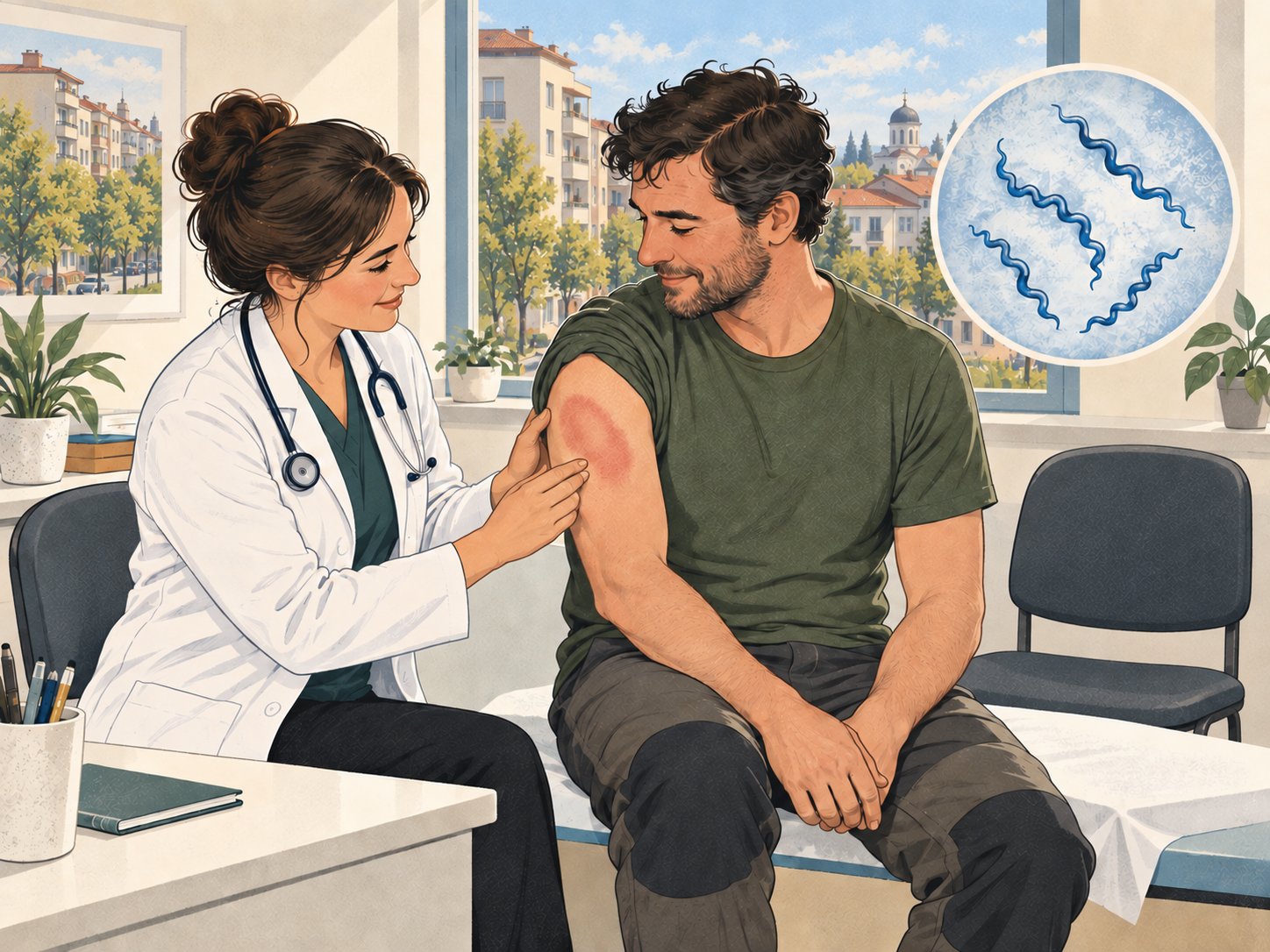 Medic care examinează o pată roșiatică difuză pe brațul unui pacient, într-un cabinet urban