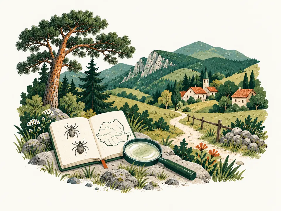 Sat și dealuri din România, alături de o lupă și un carnet cu schițe de căpușe și o hartă.