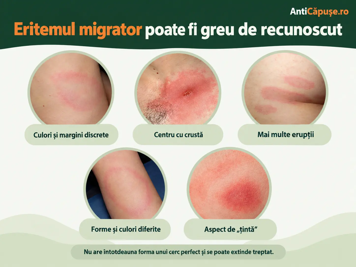Ilustrație orientativă cu posibile aspecte ale eritemului migrator