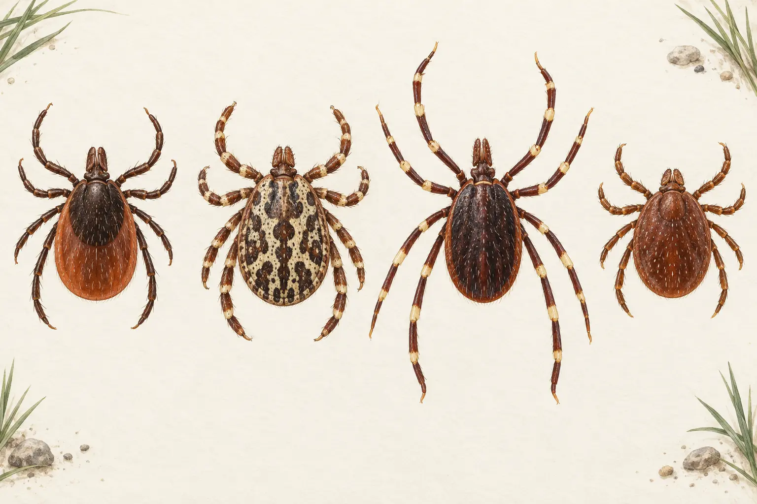Comparație ilustrată între Ixodes ricinus, Dermacentor marginatus, Hyalomma marginatum și Haemaphysalis punctata