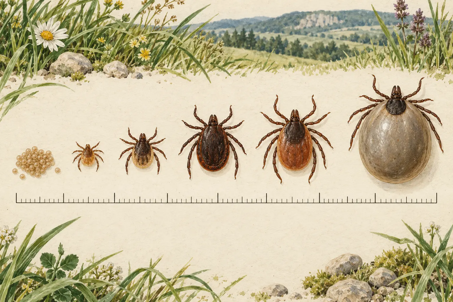 Stadiile căpușei Ixodes ricinus: ouă, larvă cu șase picioare, nimfă, adult mascul, adult femelă și femelă hrănită